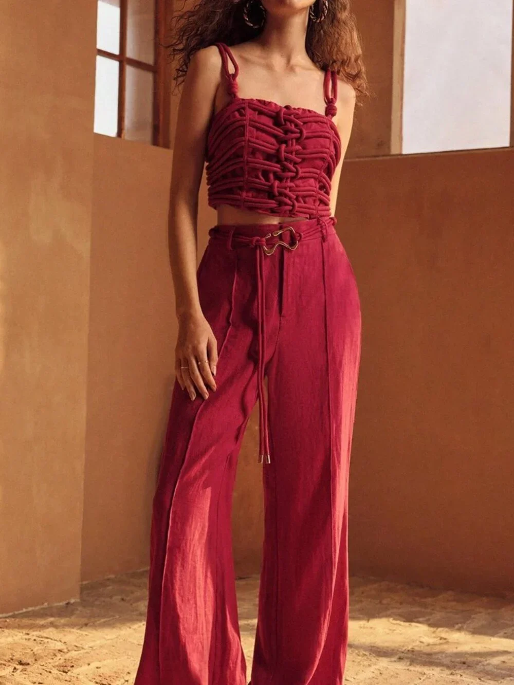 Red Casual Women's Linen Braided Strap Camisole Top